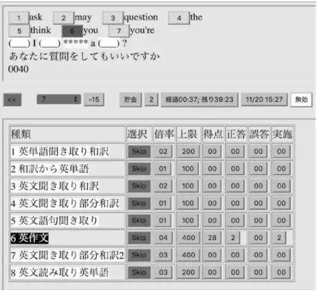 図 2 ：中学英単語用 Web 小テスト実施画面 　さらに，設問の種類により難易度は異なる。一般に， (3)  ， (16) ， (18) の英 作文の設問は， (4) や (17) の語彙の設問よりも難しい。 　選択肢の数とどの種類の設問を解答するかは，学生各自が選択できる。学 生に設問の難易度調整をまかせてしまうと，楽をしようとして簡単な設問を 少ない選択肢でしか解答しなくなる危険がある。この問題を避けるために， 簡単な設問では配点を下げ，難しい設問では配点を上げた。また，選択肢の 数に比例して配点を増