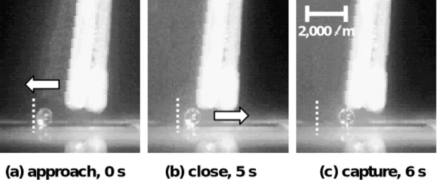 Fig. 6    Capture of particle at a point distance from particle. (1,000  m plastic particle, 1,600 V  applied voltage at capture) 