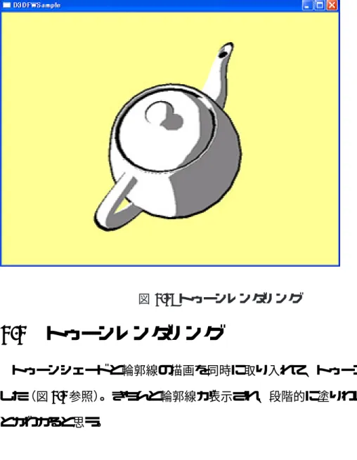 図 4.4: トゥーンレンダリング 4.4 トゥーンレンダリング トゥーンシェードと輪郭線の描画を同時に取り入れて、トゥーンレンダリング した（図 4.4 参照）。きちんと輪郭線が表示され、段階的に塗りわけられているこ とがわかると思う。 4.5 テクスチャ付トゥーンシェード テクスチャ付の場合のモデルについてトゥーンシェードを試みた。比較できるよ うに、通常のテクスチャ付シェーディングと、トゥーンシェーディングの二つを次 のページに載せておく（図 4.5、4.6 参照）。きちんとテクスチャ付で段階的に塗り