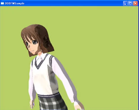 図 4.7: 人体モデルのテクスチャ付トゥーンシェード 4.6 人体モデルのテクスチャ付トゥーンシェード アニメや漫画的なキャラクターを自分で作り、それに対してトゥーンシェード を行なってみた。モデルの作成には六角大王 SUPER4 の人体作成モード機能を使 用した。モデルが複雑になるにつれ、現状の方法で違和感なくレンダリングする ことが難しくなってきた。今回は、1 次元テクスチャの割合を変化させることで、 多少違和感を軽減させることに成功したが、それでもまだ違和感が残っている。