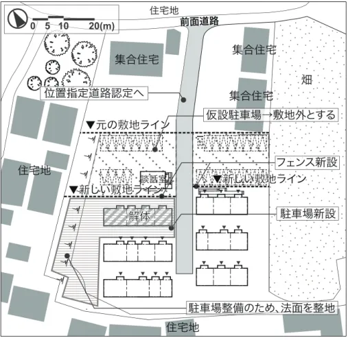 図 5-3.　T 団地　改修工事 写真 5-2.  T 団地　改修前の様子 左上：位置指定道路となる通路 右上：駐車場整備のため 法面を整備して拡張する 左下：集会所（談話室、解体予定） 右下：前面道路の様子前面道路フェンス新設談話室解体駐車場新設駐車場整備のため、法面を整地畑住宅地住宅地住宅地集合住宅集合住宅位置指定道路認定へ集合住宅▼元の敷地ライン仮設駐車場→敷地外とする▼新しい敷地ライン▼新しい敷地ライン051020(m)