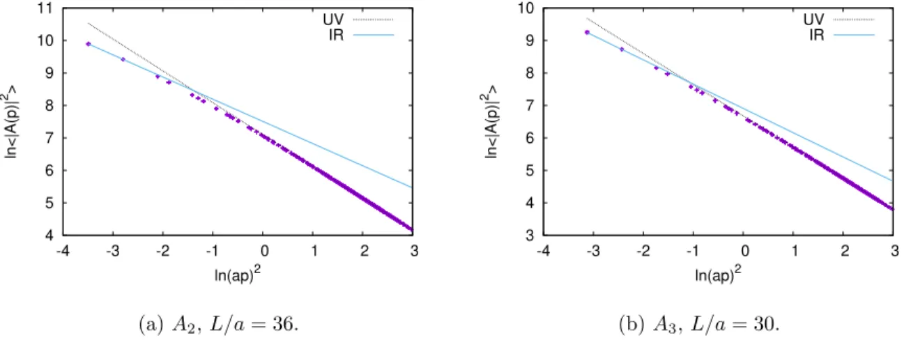 Figure 6.1: lnhA(p)A ∗ (−p)i as a function of ln(ap) 2 for A 2 and A 3 . The broken and solid lines are linear fits in the UV and IR regions, respectively.