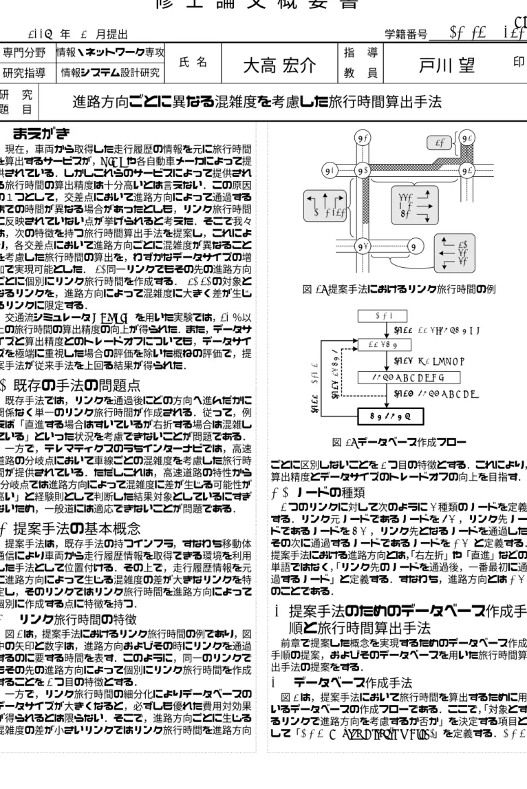 図 2: データベース作成フロー ごとに区別しないことを 2 つ目の特徴とする．これにより， 算出精度とデータサイズのトレードオフの向上を目指す． 3.2 ノードの種類 1 つのリンクに対して次のように 3 種類のノードを定義 する．リンク元ノードであるノードを SN ，リンク先ノー ドであるノードを P N，リンク先となるノードを通過した その次に通過するノードであるノードを DN と定義する． 提案手法における進路方向とは， 「右左折」や「直進」などの 単語ではなく， 「リンク先のノードを通過後，一番最