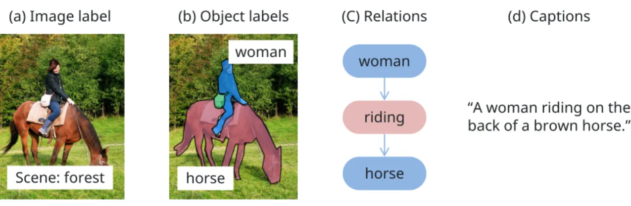 Figure 1.1: Levels of scene parsing tasks. The images and caption are from Mi- Mi-crosoft COCO dataset [1].