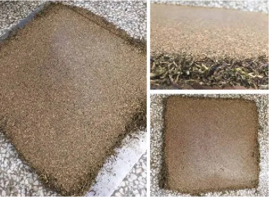図 2-5  茶茎の人造ボード  表2-3に示した実験結果から見ると、セルロース含有量が高い茶の茎がセルロース含 有量が低い茶殻より強いことが分かり、上記の仮説 1 と一致した結果が得られた。 また、曲げ強さの規格値により、セルロースの含有量が低い茶殻は人造ボードの原材 料としては適さないということが分かった。一方、セルロースの含有量が高い茶の茎は パーティクルボードの規格値（ 13 タイプ）に適合し、とても良い原材料であることが分 かった。このことから、茶の茎人造ボードは家具の材料として利用できることが分