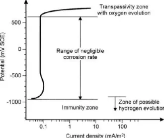 Figure 2.9 Schematic anodic polarization curve of steel in non-carbonated concrete without  chlorides (Bertolini, 2004) 