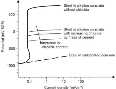 Figure 2.11 Schematic representation of the anodic polarization curve of steel in concrete  with different chloride contents (Bertolini, 2004) 