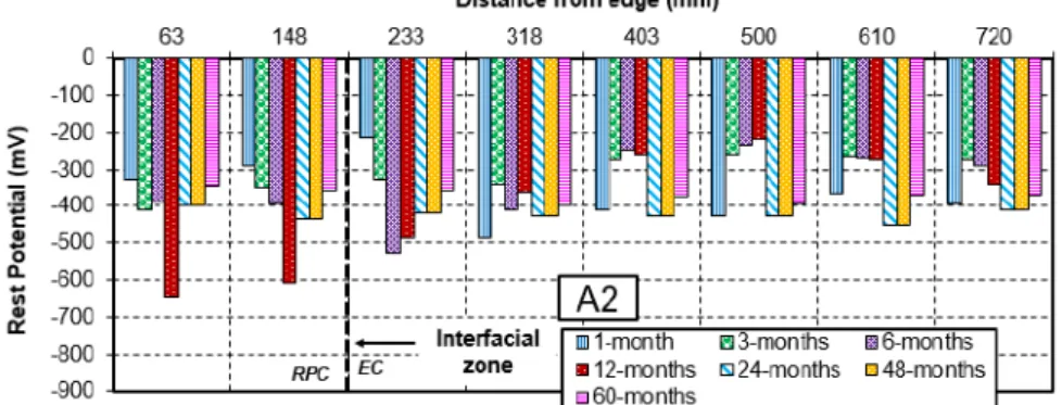Figure 3.15 Rest potential of steel bar without sacrificial anode in A1 