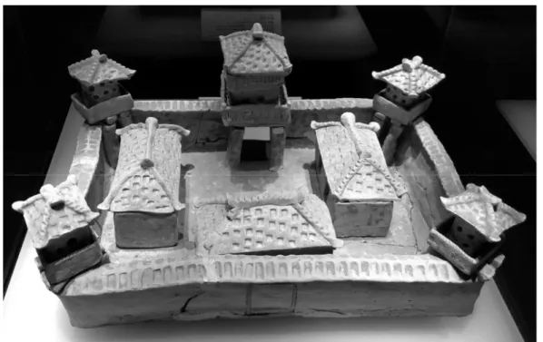 Figure 1-3 An earthen model of privately built castle in the East Han Dynasty. It is guarded by four  corner towers and one gate tower
