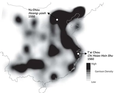 Figure 1-8 Heatmap of garrison distribution at the end of the Ming. The figure is from The Art of  Being Governed: Everyday Politics in Late Imperial China