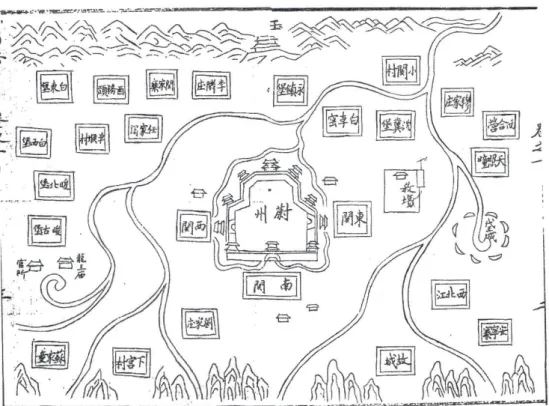 Figure 1-10 The map of the Yü Chou City and some fortified villages around it. Near the center of  Fig.1-7, Yü Chou city is easy to recognize due to its irregular northern wall
