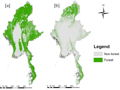 Figure  2.6.  Forest  cover  maps  for  2016  developed  from  the  Global  Forest  Cover  Database  (GFCD)  using  original  tree  cover  percent  in  2000  [10]  and  (a)  40%  tree  cover threshold, or (b) 90% tree cover threshold
