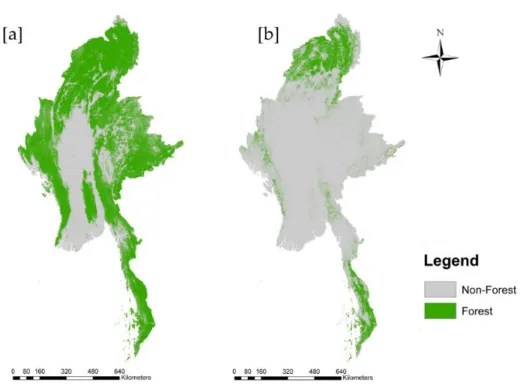Figure  2.7.  Forest  cover  maps  for  2016  developed  from  the  Global  Forest  Cover  Database (GFCD) using average tree cover percent of neighboring pixels in 2000 [10] 