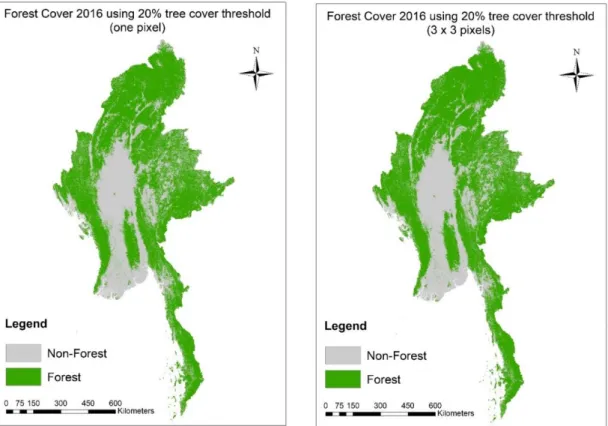 Figure  S2.2:  Forest  cover  maps  in  2016  using  tree  cover  percent  in  one  pixel  and  (3x3) pixels at 20% tree cover threshold 