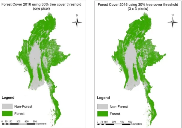 Figure  S2.3:  Forest  cover  maps  in  2016  using  tree  cover  percent  in  one  pixel  and  (3x3) pixels at 30% tree cover threshold 