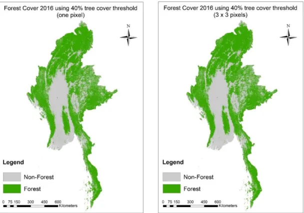 Figure  S2.4:  Forest  cover  maps  in  2016  using  tree  cover  percent  in  one  pixel  and  (3x3) pixels at 40% tree cover threshold 