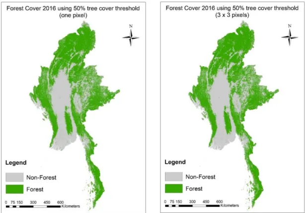 Figure  S2.5:  Forest  cover  maps  in  2016  using  tree  cover  percent  in  one  pixel  and  (3x3) pixels at 50% tree cover threshold 