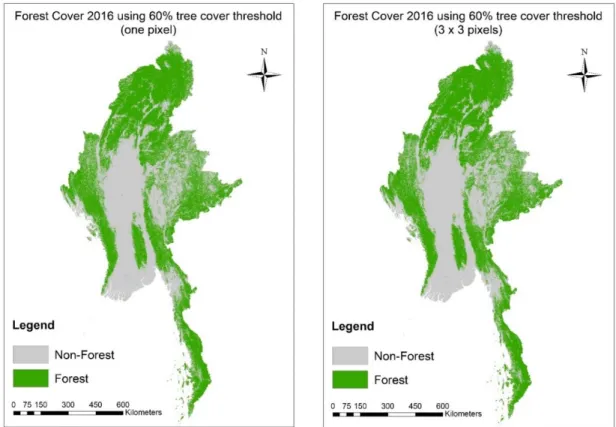 Figure  S2.6:  Forest  cover  maps  in  2016  using  tree  cover  percent  in  one  pixel  and  (3x3) pixels at 60% tree cover threshold 