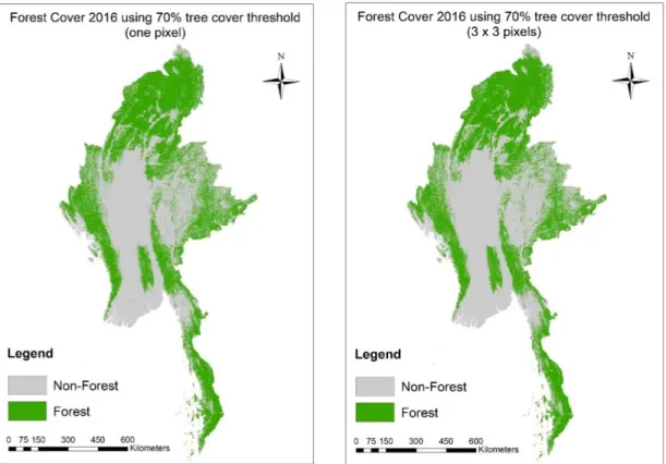 Figure  S2.7:  Forest  cover  maps  in  2016  using  tree  cover  percent  in  one  pixel  and  (3x3) pixels at 70% tree cover threshold 