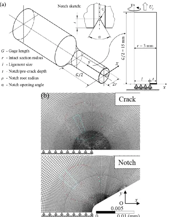 Fig. 2.4 Axisymmetric model for FEA: (a) Simplification, dimensions, and boundary conditions