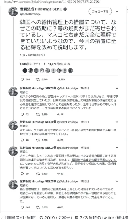 図 1：世耕経産相（当時）の 2019（令和元）年 7/3 当時の twitter（線は筆者）