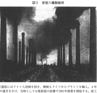 図 5 官営八幡製鉄所 ( 建設 には ドイ ツ人技 師 を招 き,機械 も ドイツか らプラ ン トを輸入｡ 4 年 の歳月 をかけ,当時 としては最新鋭の設備で1 9 01 年操業 を開始す る｡総工 費1 91 9 万円で,年産 9 万 トンの一貫設備 だった｡写真 は中央汽缶場 ( ボイ ラー) 0) 4 5 3 3 人であ り,その うち官営工場労働者 は 8 