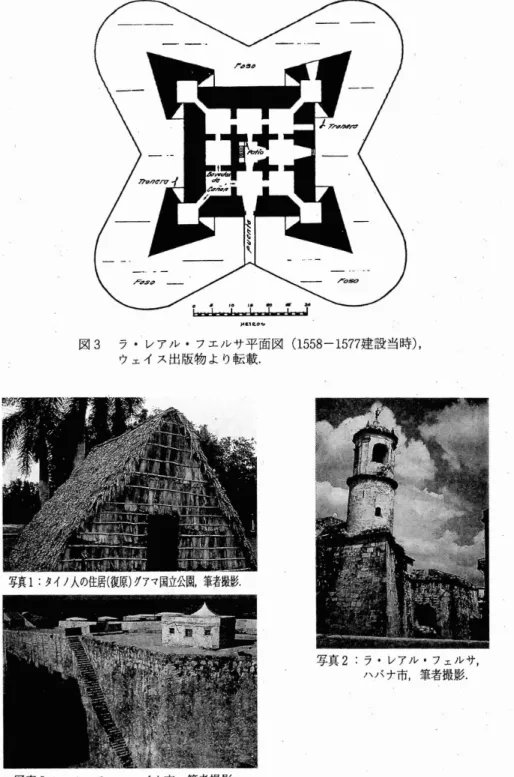 図 3 ラ ･レアル ･フエル サ平 面 図 ( 1 5 5 8‑1 5 7 7 建設当時) , ウェイス出版物 よ り転載. 写真 1 :タイノ人の住居( 復原) グアマ国立公園,筆者撮影
