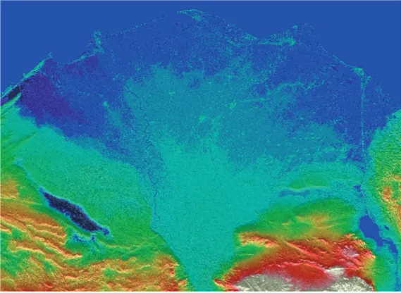 図 1 ： SRTM データと地形陰影図（標高により断彩）