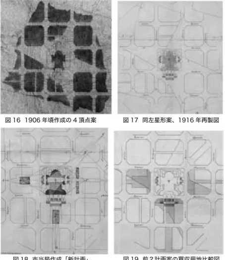 図 18  市当局作成「新計画」 図 19  前２計画案の買収用地比較図図 16  1906 年頃作成の 4 頂点案図 17  同左星形案、1916 年再製図