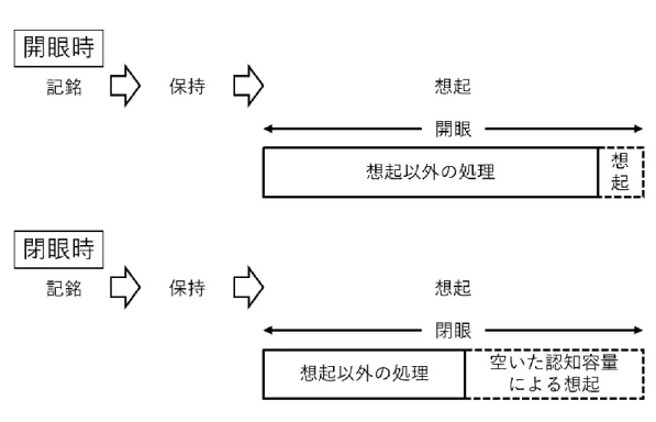 Figure 1-1.  本研究における閉眼効果のモデル図。目を閉じることで外部か らの視覚刺激が遮断され，想起を行うための認知容量が増える。この時本 研究では認知容量が増えたことによって関連処理が促進されるのか，項目 固有処理が促進されるのかに注目する。