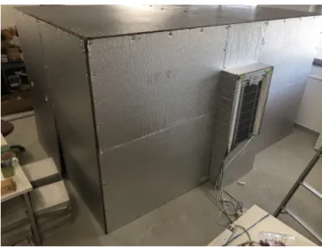 Figure 2.3: Picture of the housing. The heat-shielding sheet covers the wall. The middle equipment is an air-conditioner to control the temperature for urgent needs.