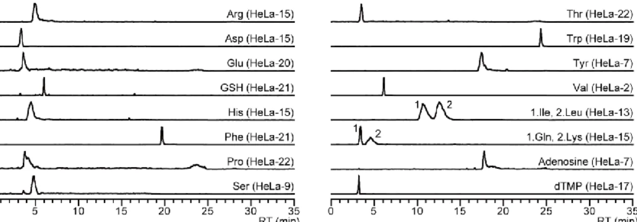 図 3.  単一 HeLa 細胞から検出された代謝物の nano-LC/MS/MS クロマトグラム 