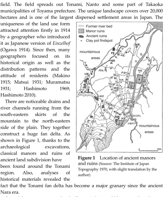 Figure 1    Location of ancient manors  and ruins  (Source: The Institute of Japan  Topography 1970, with slight translation by the  author) 