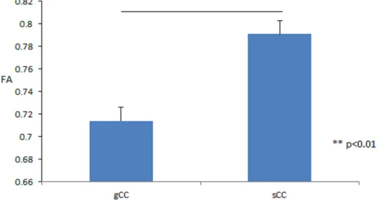 Figure 6. Mean of fractional anisotropy by genu corpus callosum (gCC) and splenium corpus callosum  (sCC), respectively