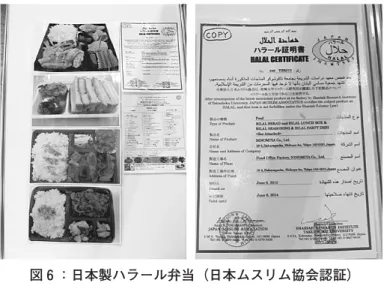 図 ：日本製ハラール弁当（日本ムスリム協会認証） パンのような主食物をハラール化していくことはとても重要です。東京の二宮という会社はハラールのパンを早い時期から作っています。同社はハラールの仕出し弁当も作っていますが、これは日本ムスリム協会がハラール認証しています。 私が勤めている静岡県立大学では、 年ぐらい前から、「ムスリム・フレ ンドリー食」というものをメニューで出しています。ハラール化した和食や カレーのようなエスニック料理もハラールで出しています。サバの塩焼きな どは、ちょっとレモン味を付けて、ムス