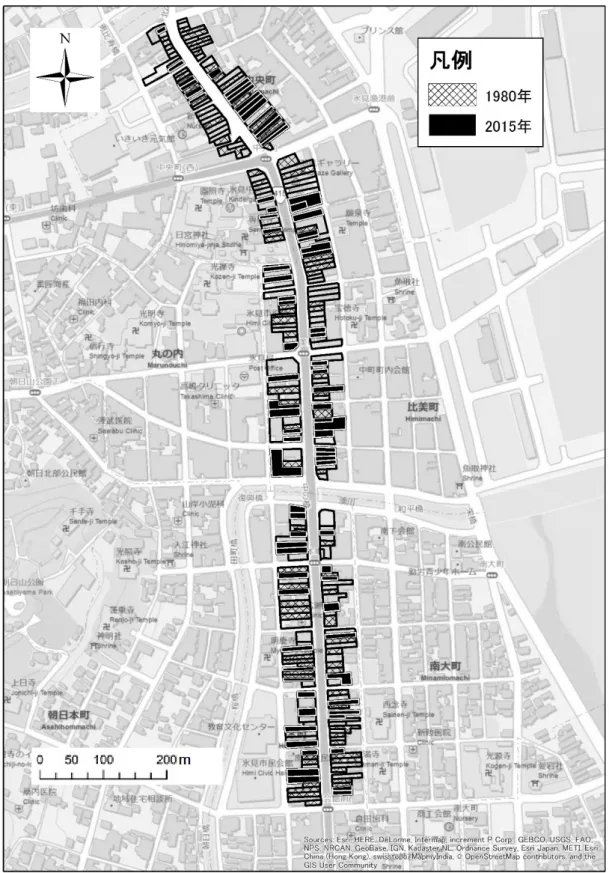 図 6  1980 年と 2015 年の地図に見られる小売店・飲食店  注：枠線のみの部分は民家や駐車場などであり，店舗ではない． 