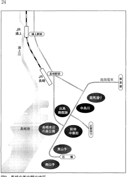 図 2 長崎の街の観光地区 いった｡結果 は以下の ようになった｡該 当す るエ レメ ン トは総計 45 例 である ｡ 図2 に各観光地 区の位置 を示 した｡ A.東 山手 ･南 山手一帯 〔 計6 例〕 ●街灯2 例 :西洋‑ 2 ●ベ ンチ1 例 :幕末 ･江戸 ●壁 ･塀 3 例 :西洋､中国､不定 B.新地 中華街 と周辺 〔 計 5 例〕 ●街灯1 例 :西洋 ●公衆 トイレ 1 例 :幕末 ･江戸 ●ベ ンチ1 例 :西洋 ●橋 の欄干1 例 :中国 ●舗装 ･舗石1 例 :中国