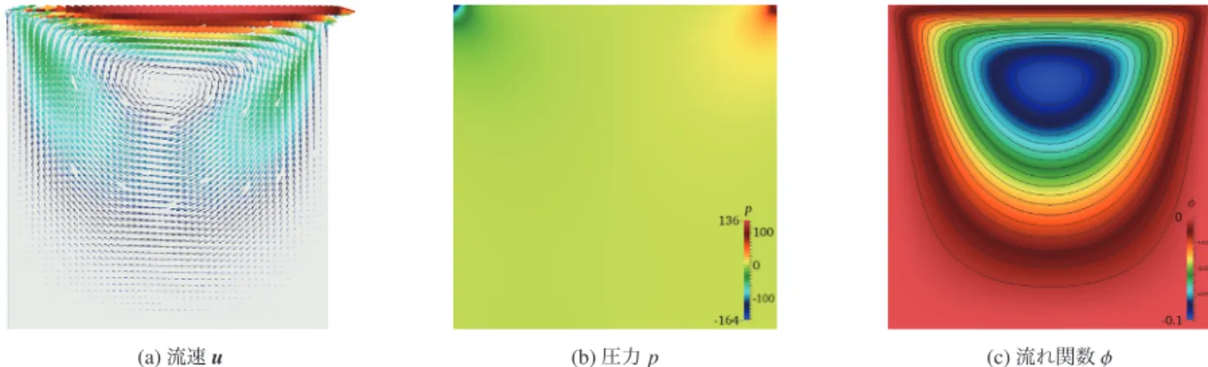 図 A.7: Stokes 方程式系のキャビティ流れの可視化. (a) では速い流れほど大きい矢印で描かれている. (c) では φ をカラースケールで描くと同時に