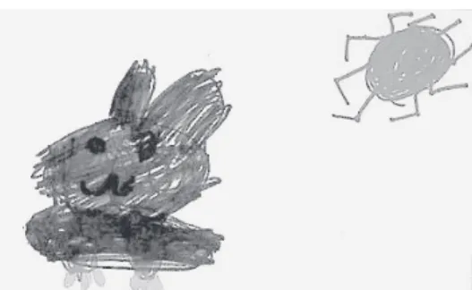 Figure 6 茶色で口・足の爪が描かれたウサギ （太陽が書き加えられた） Figure 7 ４本脚・口が描かれたウサギ （ピンクの服を着ており、エサ・糞・雲が加えられた） Ⅳ　考察 １．ウサギの形態・生物学的機能の理解 描画調査の結果、飼育当番活動開始前の幼児の描画 にはみられなかった複数の描写が飼育当番活動体験後 の描画に見られ、ウサギの形態的な特徴が一見してわ かる描画が増えた。その飼育体験前後の変容、加えて 担任保育者の解釈から、幼児のウサギに対する見方や 考え方が変容したと考えられる。 事前調査