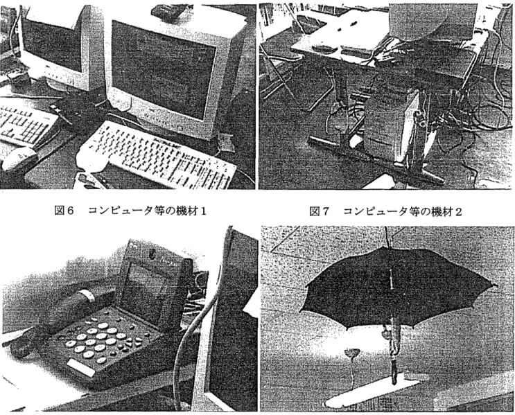 図 6 コンビュータ等の機材 1 図 7 コンビュータ等の機材 2 図 8 ビデオフォン 図 9 集音マイク 2 .   3  授業の内容と方法 授業は，長崎県福江市立奥浦小学校 6年生 22名と福岡県浮羽町立姫治小学校 5， 6年 生 19 名の問で実践した