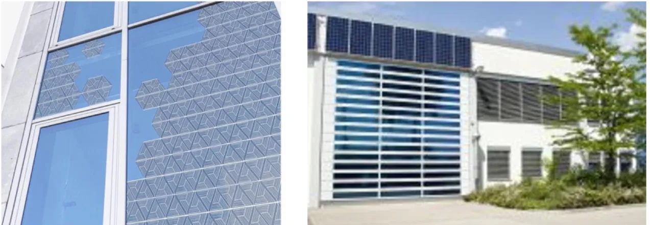 Figure 1-7. BIPV 用途の OPV ( 左： OPVIUS 社、右： Heliatek 社 )  (http://www.opvius.com/, https://www.heliatek.com/en/  上記のプレスリリースから転載 )  1.4.1 OPV の光電変換メカニズム  OPV の光電変換は Figure  1-8 に示すように、一般的に大きく分けて 4 つの素過程か らなる。これら各素過程の効率を向上させることで OPV の光電変換効率向上に繋がる。  1