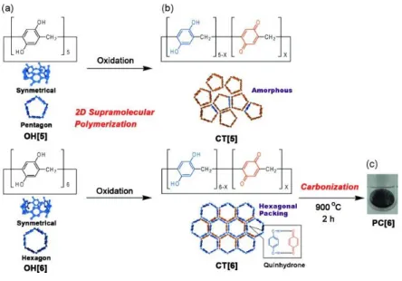 Figure 1. 5. Schematic representation of 2D supramolecular polymerization and porous carbon by  pillar[6]arene (taken from ref.28)