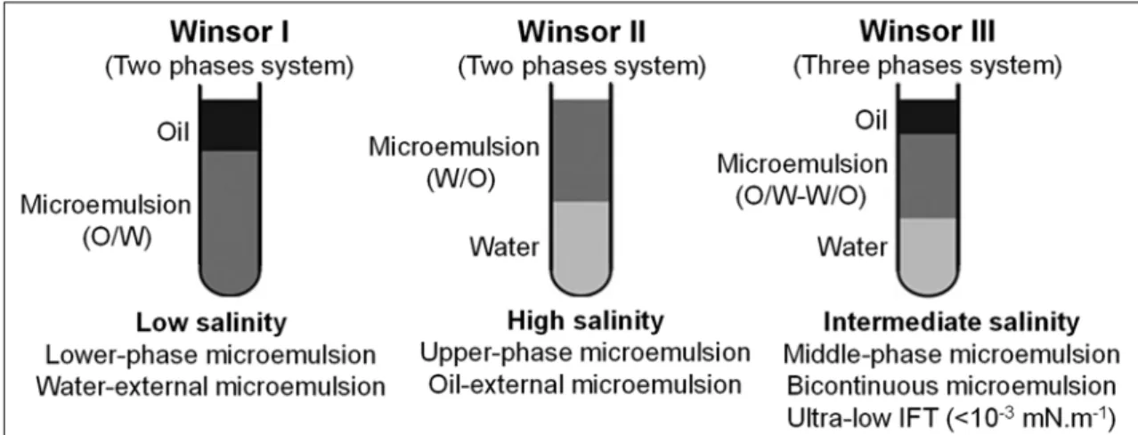 Figure 1.10  Three types of phase behavior system and the effect of salinity on phase behavior  (Sheng, 2011) 