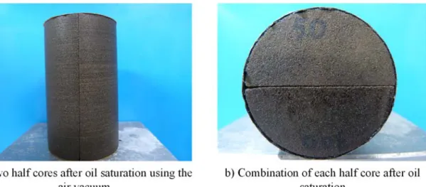 Figure 2.8 A Cylindrical heterogeneous Berea sandstone core formed by combining two half  core with different permeability after oil saturation 