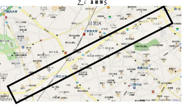 図 1  調査範囲  （出所）Google マップ。  3.2  調査方法  (1)  アンケート調査    調査範囲の 66 店舗全てにアンケート調査を依頼した（2008 年 11，12 月）。質問票には 店舗の基本属性及び出店理由を問う 10 の質問を用意した。 回答した店舗は 57 店舗である。 調査対象の属性は、表 1 の通りである 14 。系列店の有無と MISC への参加不参加は、（1， 0）の変数に置き換えた。系列店ありは約 60％、MISC への参加は約 60％である。創業年 度は最近であり