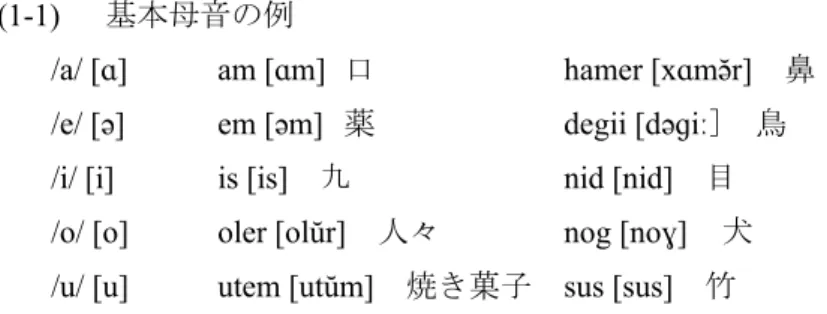 表 1-1 の母音体系を観察すると  /ie/  [eː]  は対応する短母音を有さない点で他の長母音と 異なり、また i や u で終わらない点で他の二重母音とも異なるため、体系から外れているよ