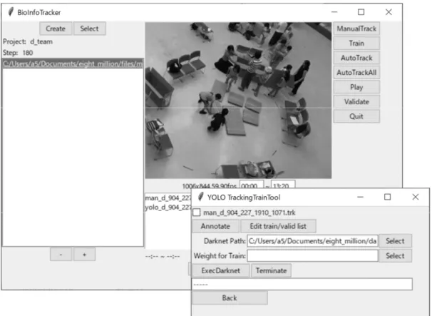 図 33  アプリケーションの外観    本アプリケーションを用いた教師データ作成時(ManualTrackボタンをクリック後)のア クティビティ図を図   34 に示す。本アプリケーションは動画中の複数の物体の追跡を行 うことが前提となるため、左手側の 4 つのキー入力で座標登録とフレーム送りの操作 ( 座 標の一次記録の実行、オクルージョンのための記録をしない操作、記録の終了、記録の 破棄)を行い、マウスクリックで座標を入力する仕様とした。また、通常アノテーショ ンを行う場合は、検出対象となる物体を囲む