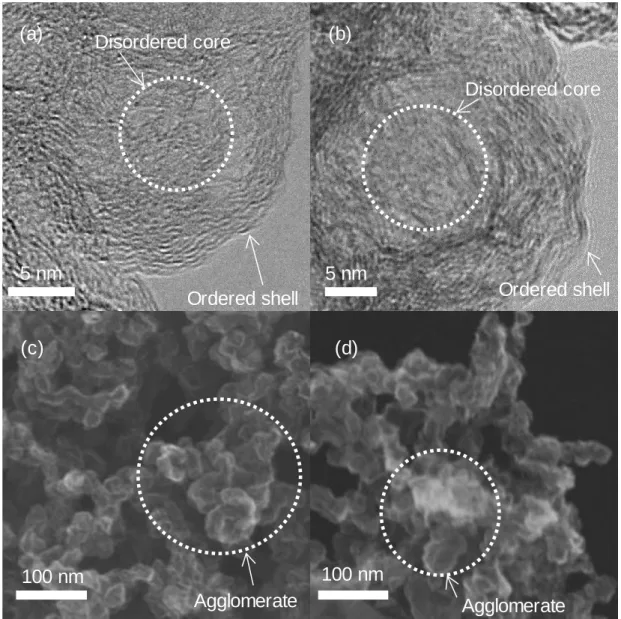 Fig. 2.2. (a, b) TEM and (c, d) SEM images of (a, c) NPC-HP prepared  heating at 1000°C and (b, d) NPC-NP prepared heating at 1000°C