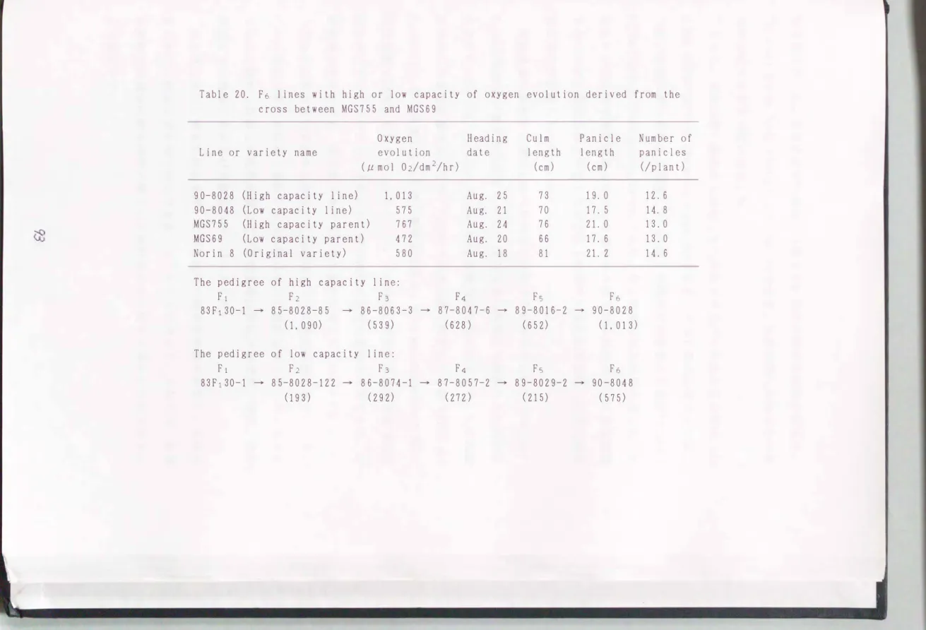 Table  20.  F6  lines  with  high  or  low  capacity  of  oxygen  evolution  derived  from  the  cross  between  MGS755  and  MGS69 