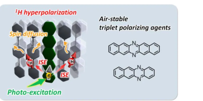 Figure 1-16. Schematic illustration of the triplet-DNP system and the chemical structure of triplet- triplet-DNP polarizing agents